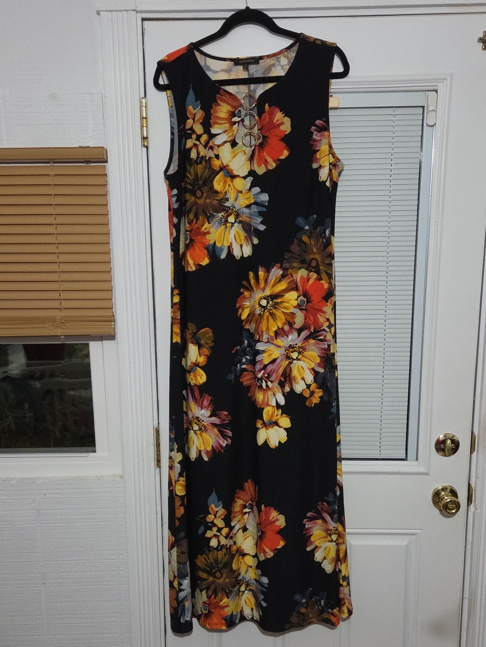 Sleeveless Black Floral Maxi Dress with Yellow & Orange Blooms